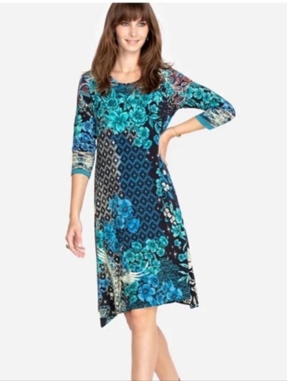 Johnny Was Teal and Navy Floral Print Knee-Length Dress Sz XXS - Picture 3 of 17